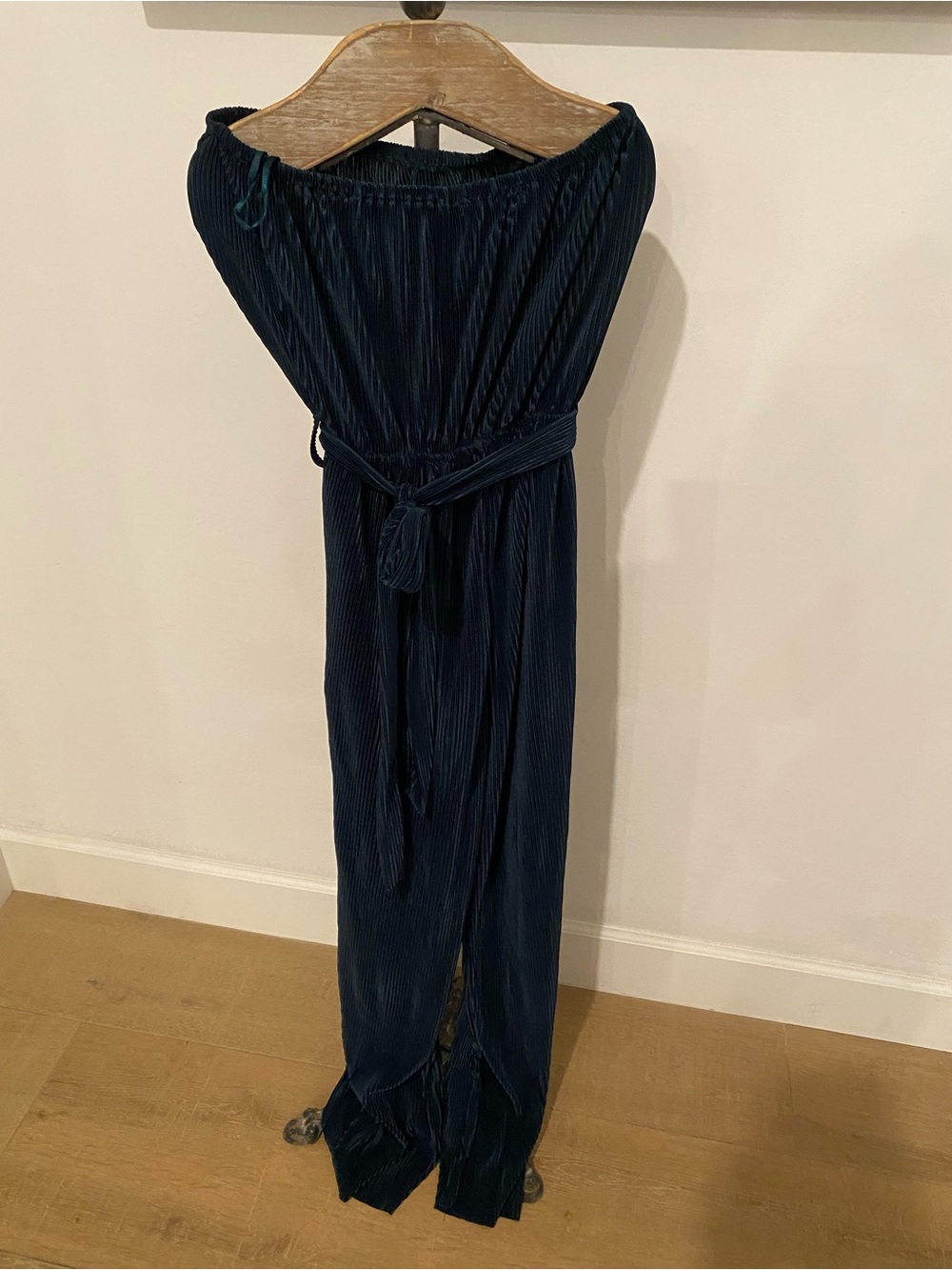 Honey Punch Off-Shoulder Navy Pleated Jumpsuit with Waist Tie
